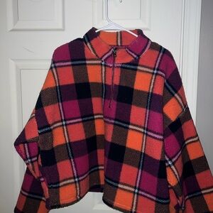American Eagle Outfitters Pink and Orange Plaid Fleece Quarter Zip